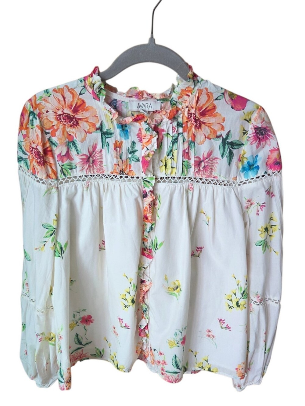 AVARA Ruffle Trimmed Cream Floral Long Sleeve Blouse Large